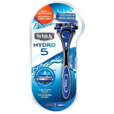 Schick Hydro 5 razor handle with chrome finish for premium, comfortable shaving.