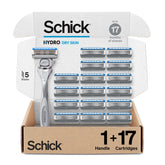 Schick Hydro Dry Skin razor pack shot shows a complete kit for comfortable daily shaves.