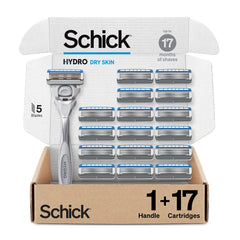 Schick Hydro Dry Skin razor pack shot shows a complete kit for comfortable daily shaves.