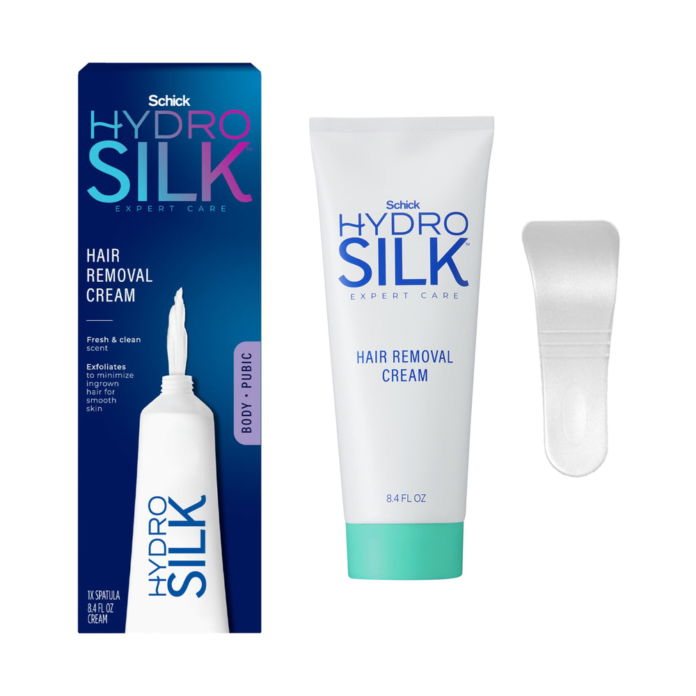 Schick Hydro Silk depilatory cream bottle for quick body and bikini area hair removal.