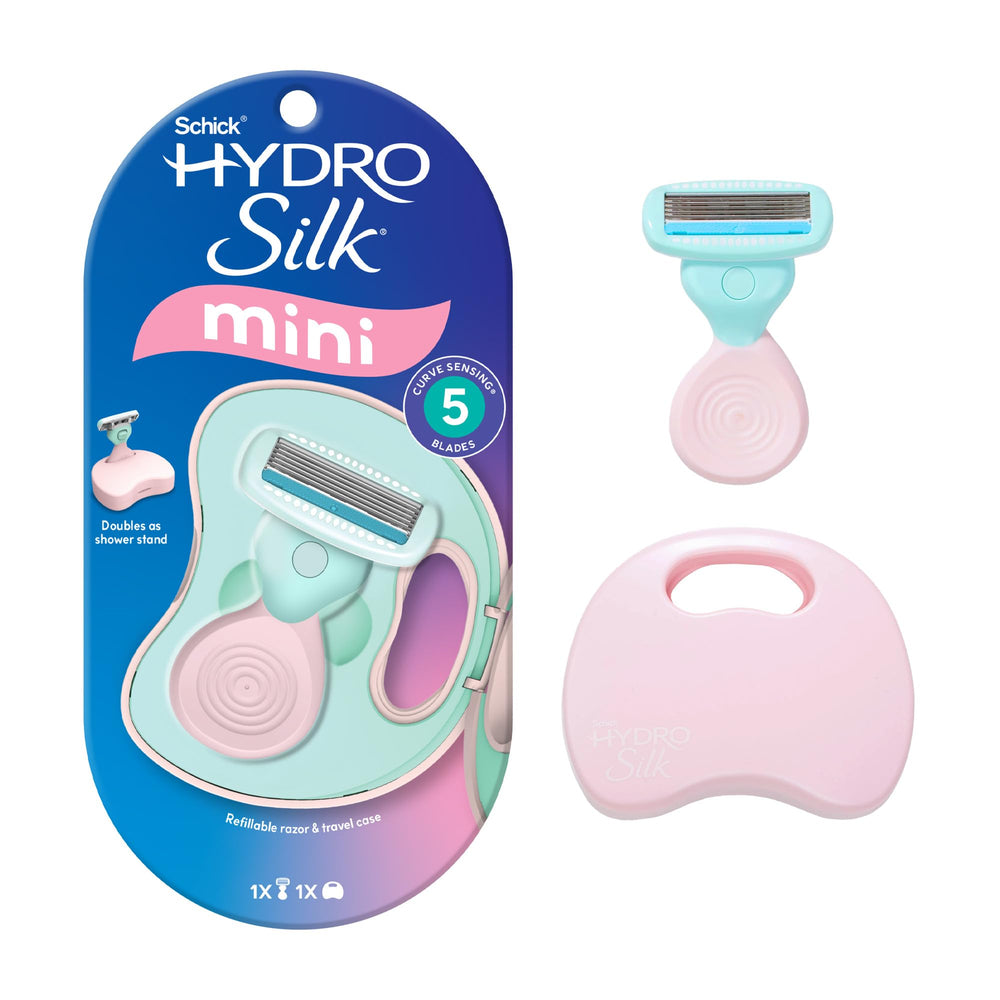 Schick Hydro Silk Mini Razor case in a purse-ready compact travel setup.