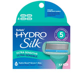 Schick Hydro Silk Sensitive refills in four‑count packaging for gentle daily shaving.