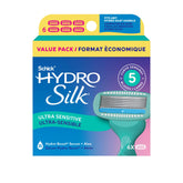 Schick Hydro Silk Sensitive refills pack shot with six blades designed for sensitive skin.