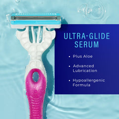 Schick Hydro Silk Ultra-Glide Serum with aloe enhances lubrication during shaving.