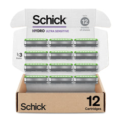 Schick Hydro Ultra Sensitive refill close-up showing 3 blades for a smooth shave