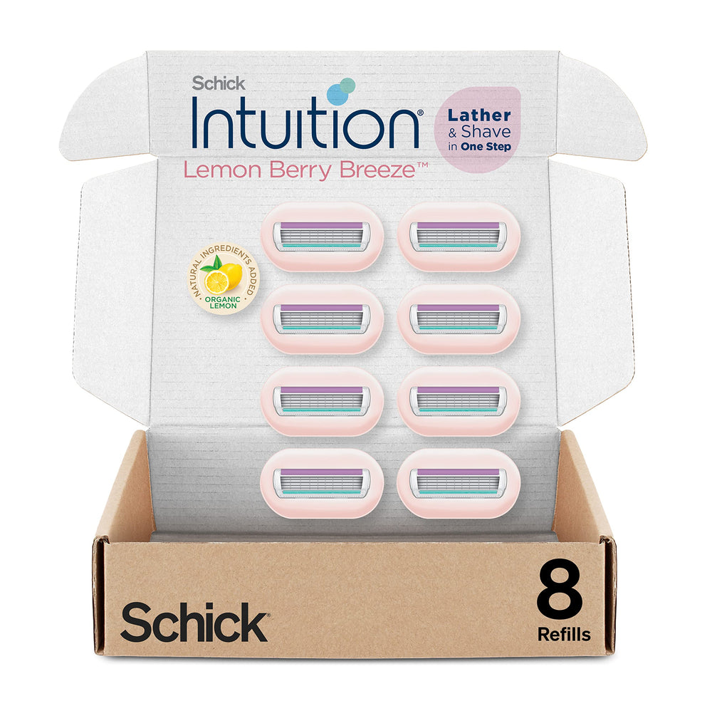 Schick Intuition Lemon Berry Breeze refill 8-pack on display, ready for easy one-step shaving.