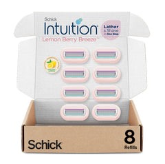 Schick Intuition Lemon Berry Breeze refill 8-pack on display, ready for easy one-step shaving.