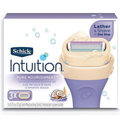 Packaging showing three cartridges in a convenient refill pack for easy, gel-free shaving