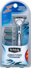 Schick Quattro Titanium Razor edging blade reaches tricky areas for precise shaping.