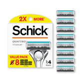 Schick Quattro Titanium refills, 8-pack closeup of four blades for a dependable shave.