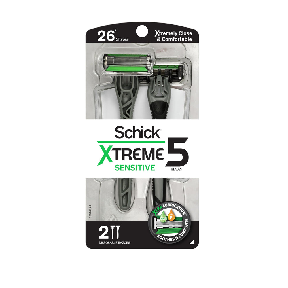 Schick Xtreme5 Sensitive razor 2-pack packaging for a comfortable shave.