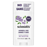 Schmidt's Lavender & Sage aluminum-free deodorant stick shown ready to apply; long-lasting odor protection