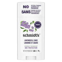 Schmidt's Lavender & Sage aluminum-free deodorant stick shown ready to apply; long-lasting odor protection