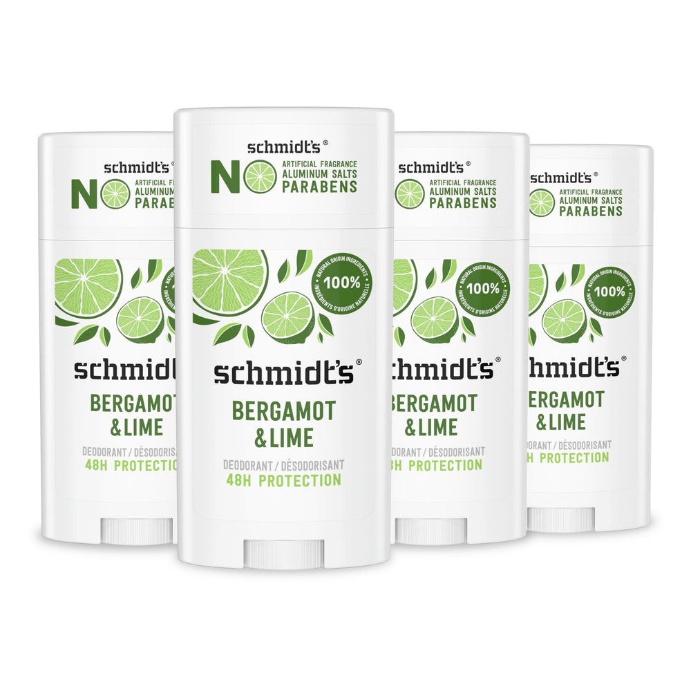 Schmidt's Bergamot & Lime deodorant stick demonstrates aluminum-free, all-day freshness.