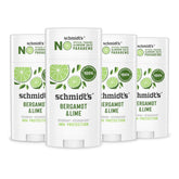 Schmidt's Bergamot & Lime deodorant stick demonstrates aluminum-free, all-day freshness.