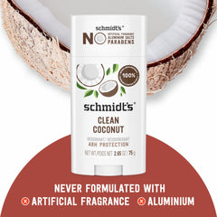 Schmidt's Clean Coconut envase detalle, desodorante sin aluminio.