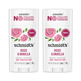 Schmidt's Rosas y vainilla, envase frontal, desodorante natural sin aluminio para uso diario.