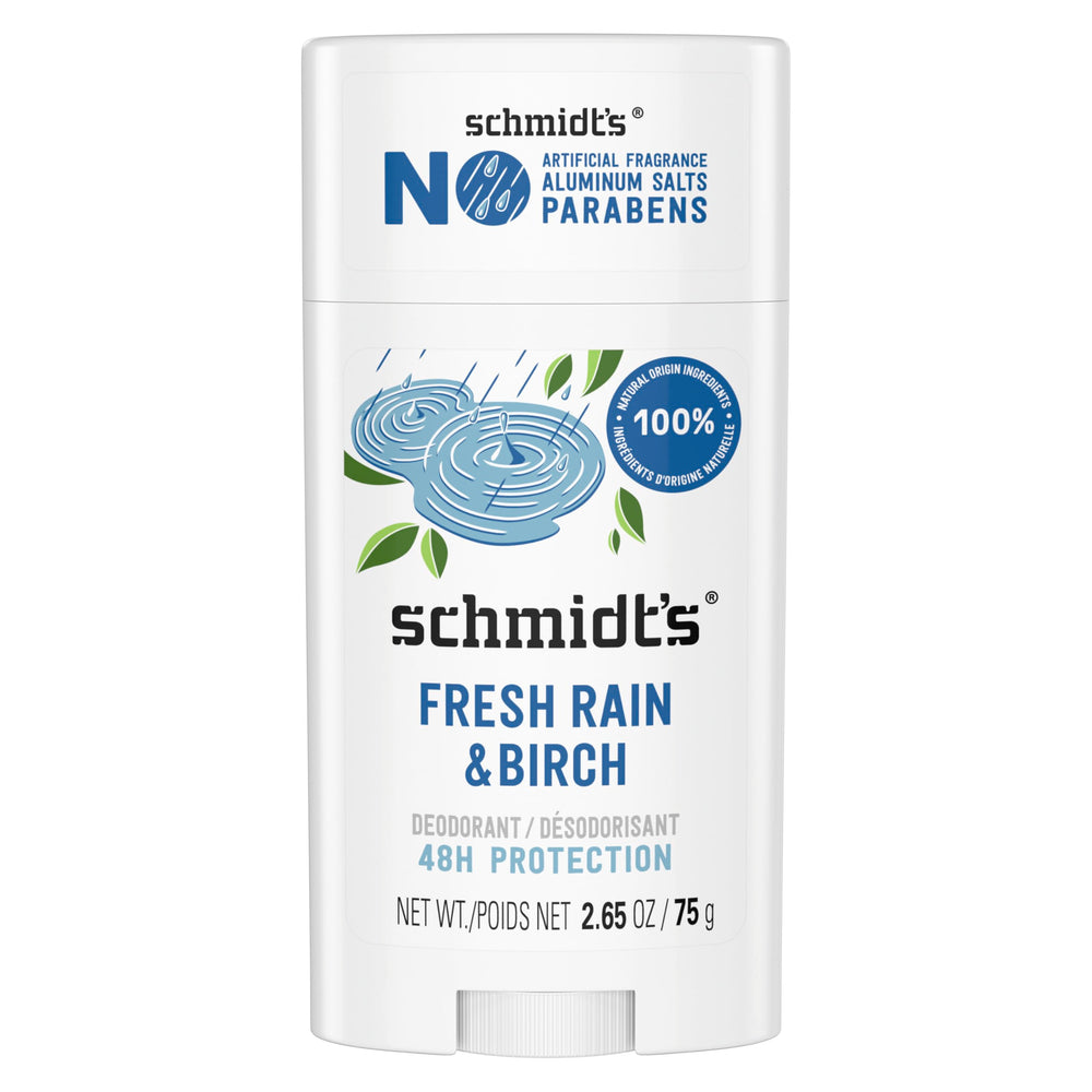 Sch Schmidt's Fresh Rain & Birch deodorant bottle delivers long-lasting freshness.