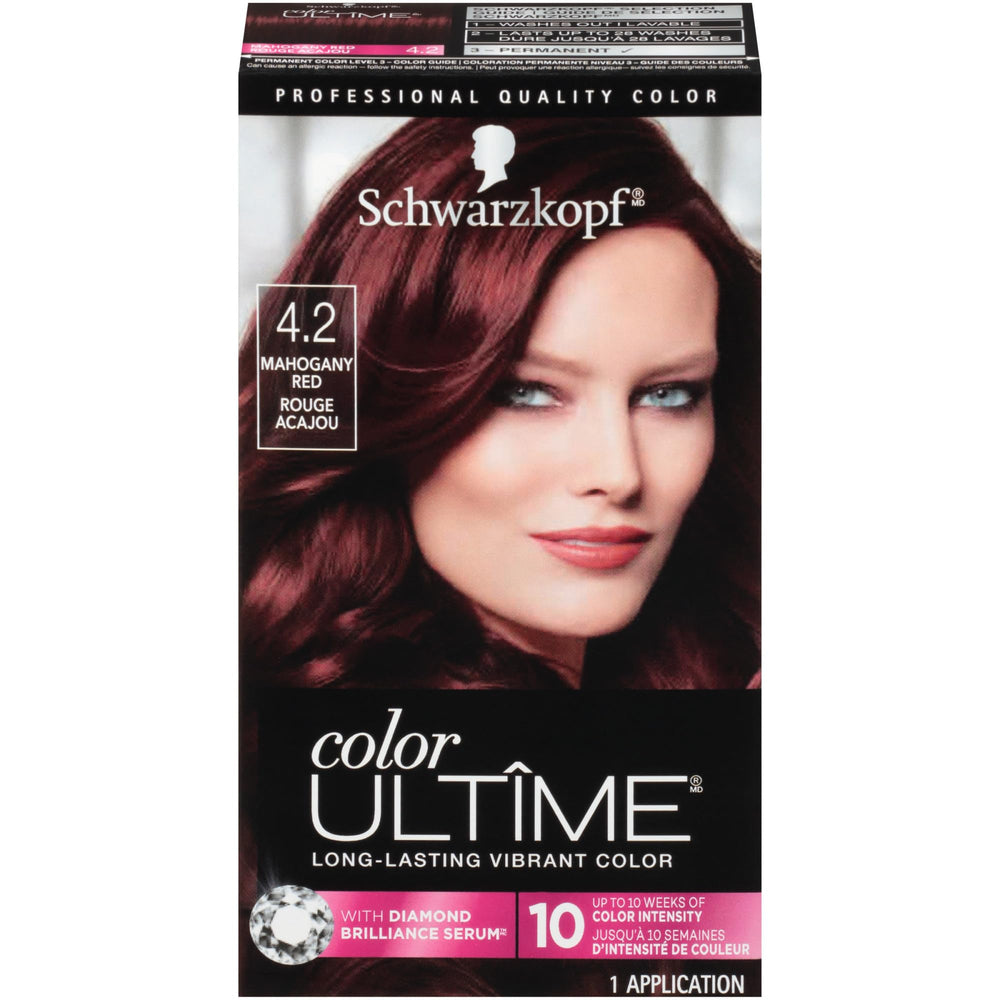 Schwarzkopf Color Ultime mahogany red dye box for vibrant home color results.