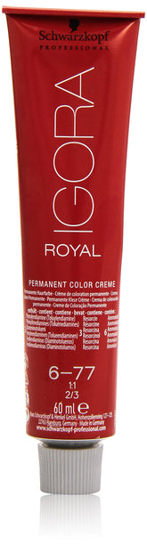 Schwarzkopf Igora Royal 6-77 pack shot shows bold copper blonde color with long-lasting vibrancy.