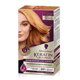 Schwarzkopf Keratin Blonde dye shows apricot blonde lift in a home color kit.