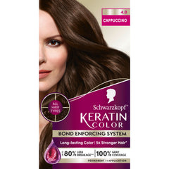 Schwarzkopf Keratin Color Cream 4.0 Cappuccino bottle showing rich color from root to tip