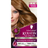 Schwarzkopf Keratin Color cream application shows rich caramel blonde shade at home.