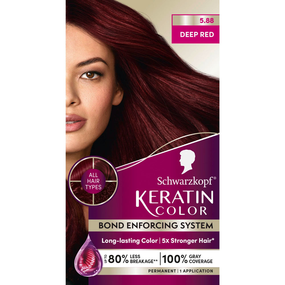 Schwarzkopf Keratin Color deep red bottle pouring for vibrant at-home color.