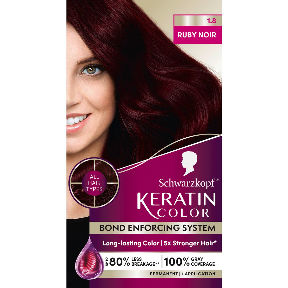Schwarzkopf Keratin Color kit box for at-home dye delivering professional results.