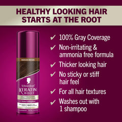Schwarzkopf Keratin Color Root Spray creates thicker-looking roots for a fuller appearance.