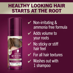Schwarzkopf Keratin Root Color Spray applied to roots for quick touch-ups