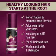 Applying Schwarzkopf Keratin Root Spray to roots for instant coverage