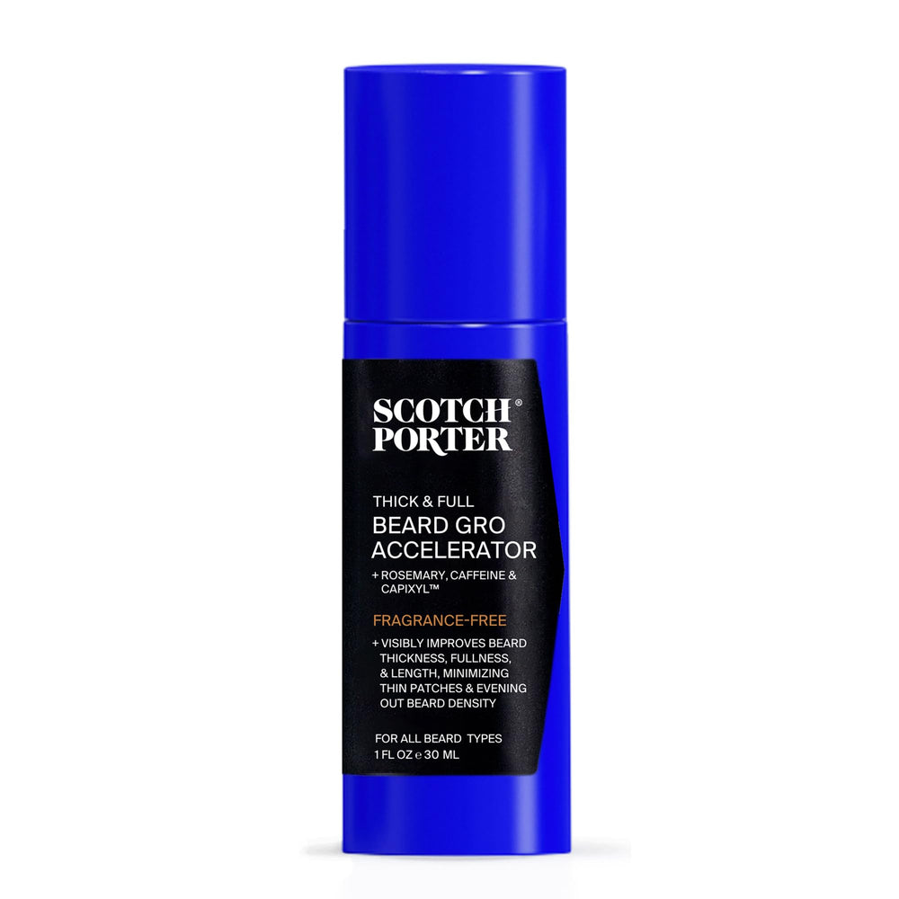 Scotch Porter Thick & Full Beard Gro Accelerator bottle showing Capixyl formula for fuller beard.