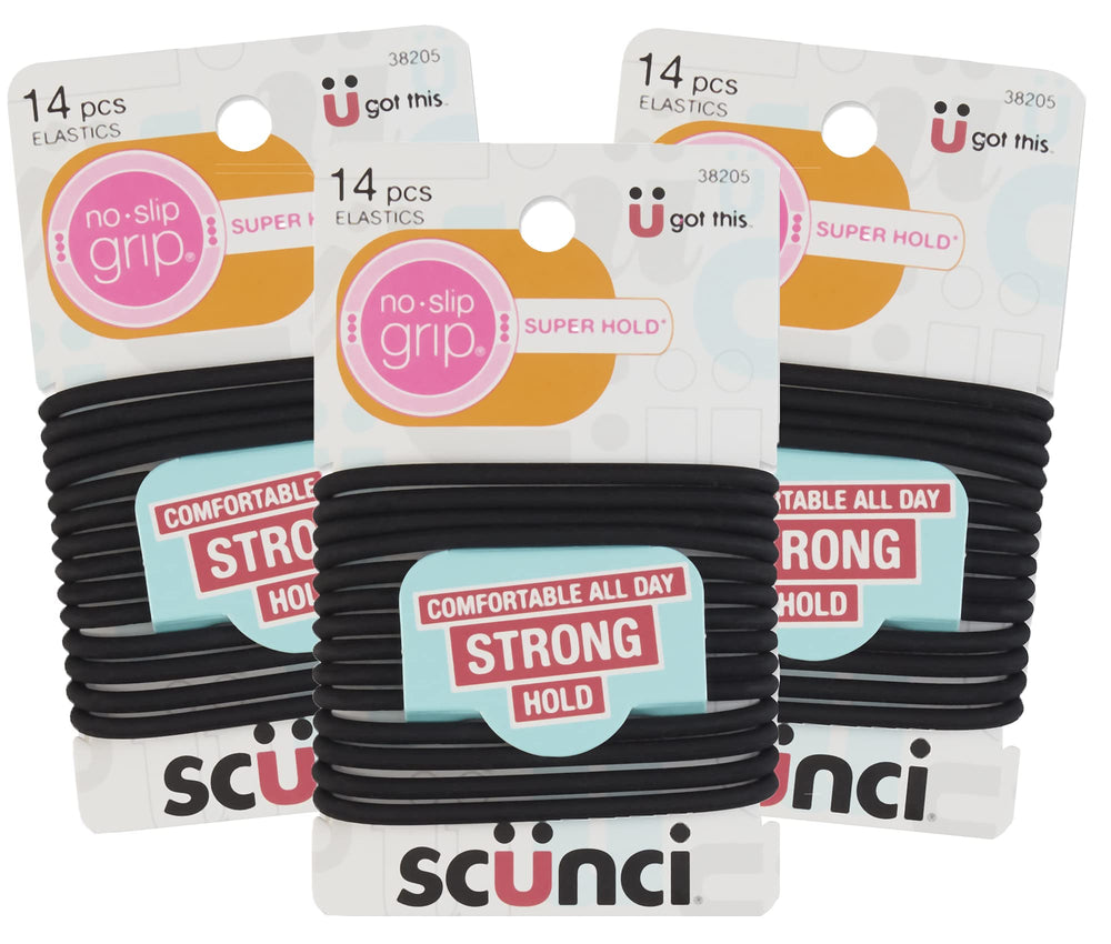 Scunci black gel elastics with no-slip grip for strong hold during daily activities.