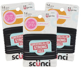 Scunci black gel elastics with no-slip grip for strong hold during daily activities.