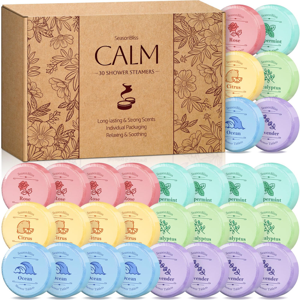 SeasonBliss Shower Steamers packaging highlights 30 individually wrapped pieces.