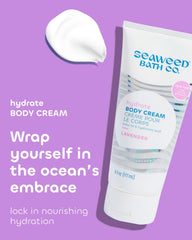 Seaweed Bath Co. Hydrate Lavender cream texture close-up shows a creamy, smooth formula for dry skin.