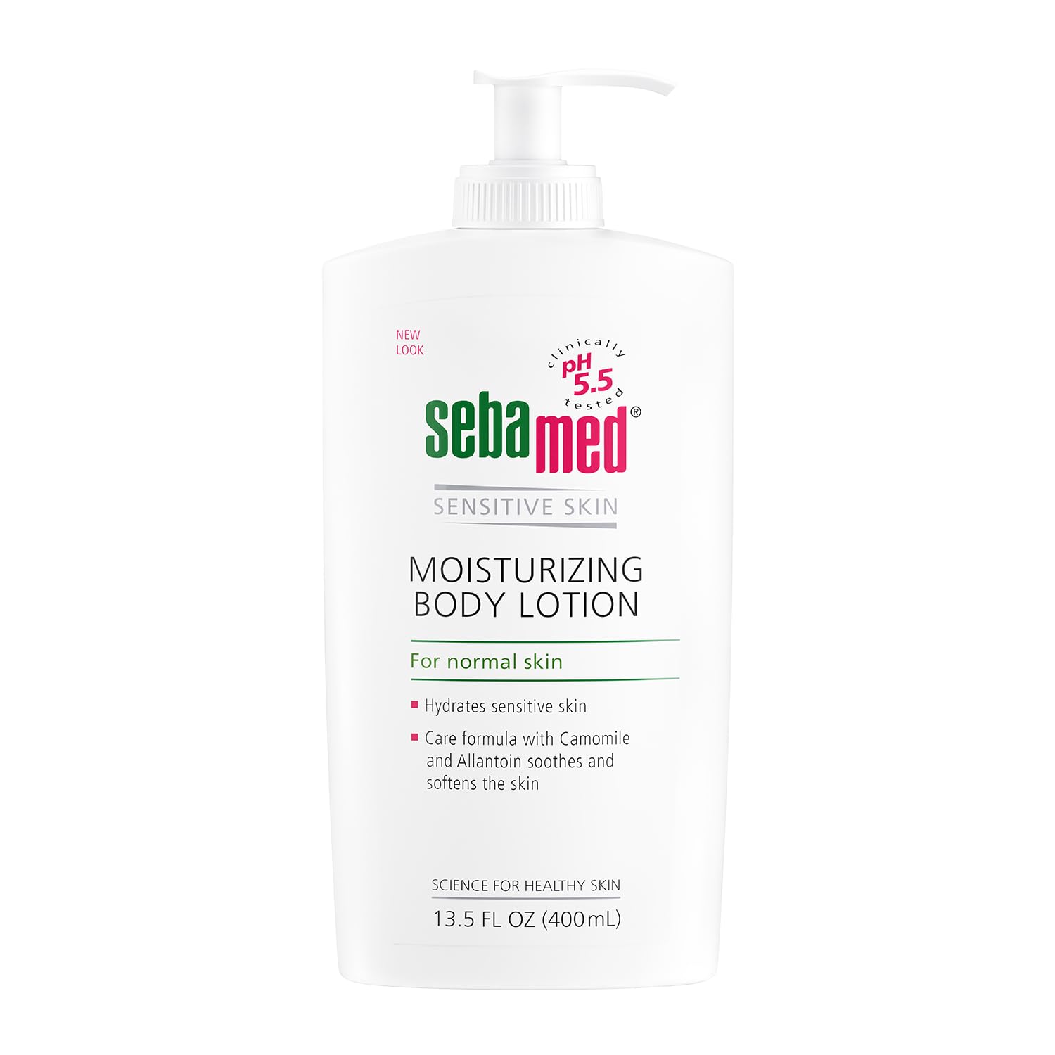 SEBAMED loción corporal, botella con dispensador, hidratación suave para piel sensible.