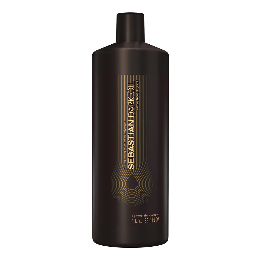 Sebastian Dark Oil Lightweight Shampoo bottle showcases a nourishing formula for shine.