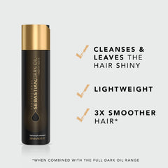 Sebastian Dark Oil Shampoo bottle on sink highlighting compact 8.4 oz design for travel-friendly cleansing.