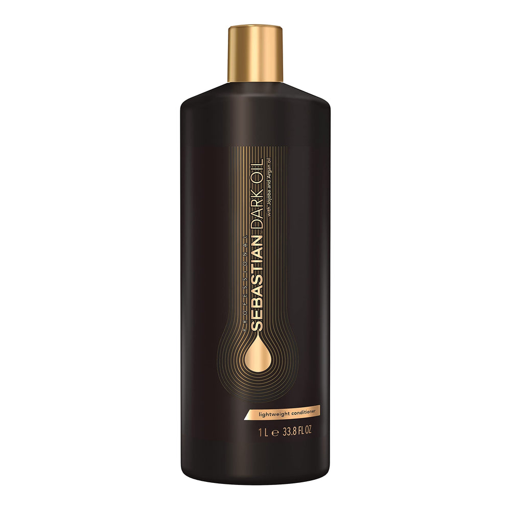 Sebastian Dark Oil conditioner bottle front shows sleek design for silky hair.