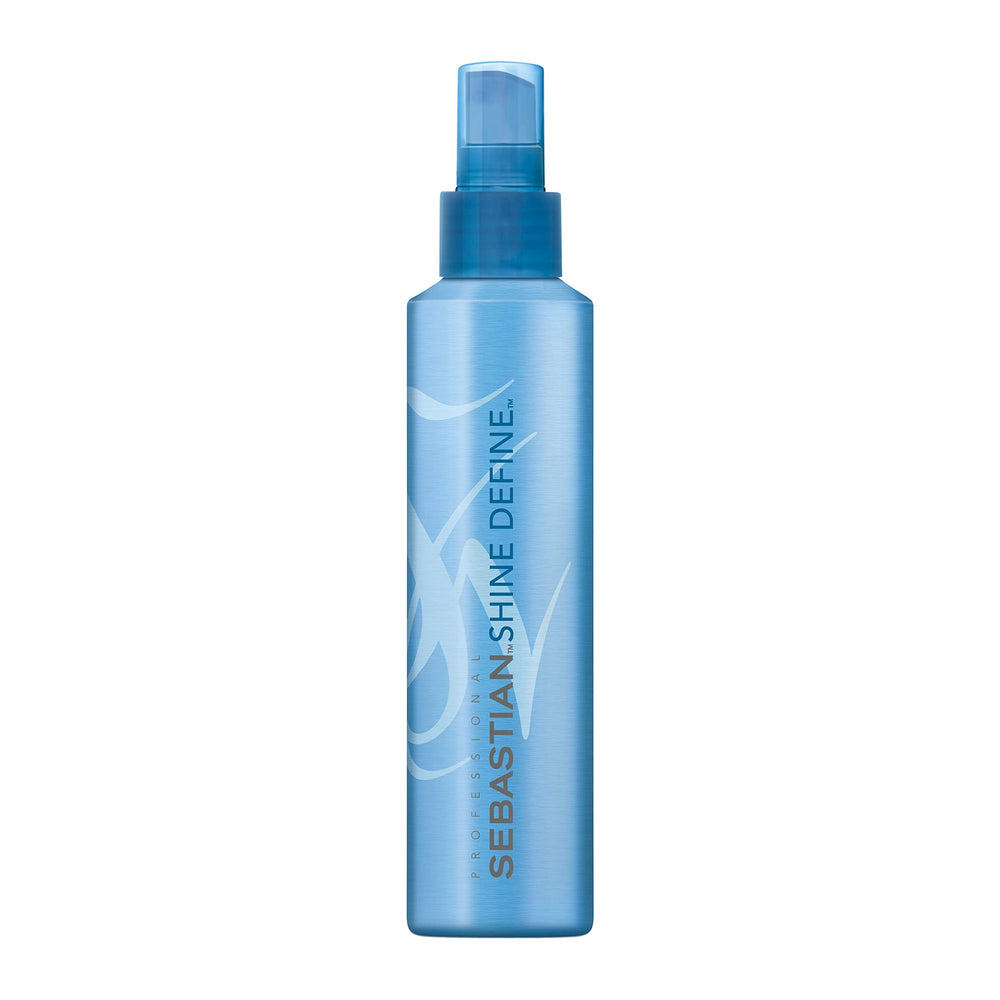 Sebastian Shine Define spray cabello botella muestra fijación flexible con brillo natural.