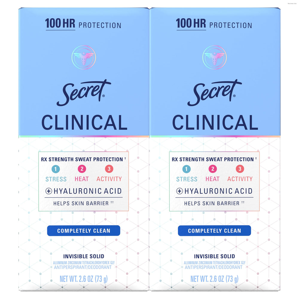 Secret Clinical Strength deodorant packaging shows a two-pack for daily protection