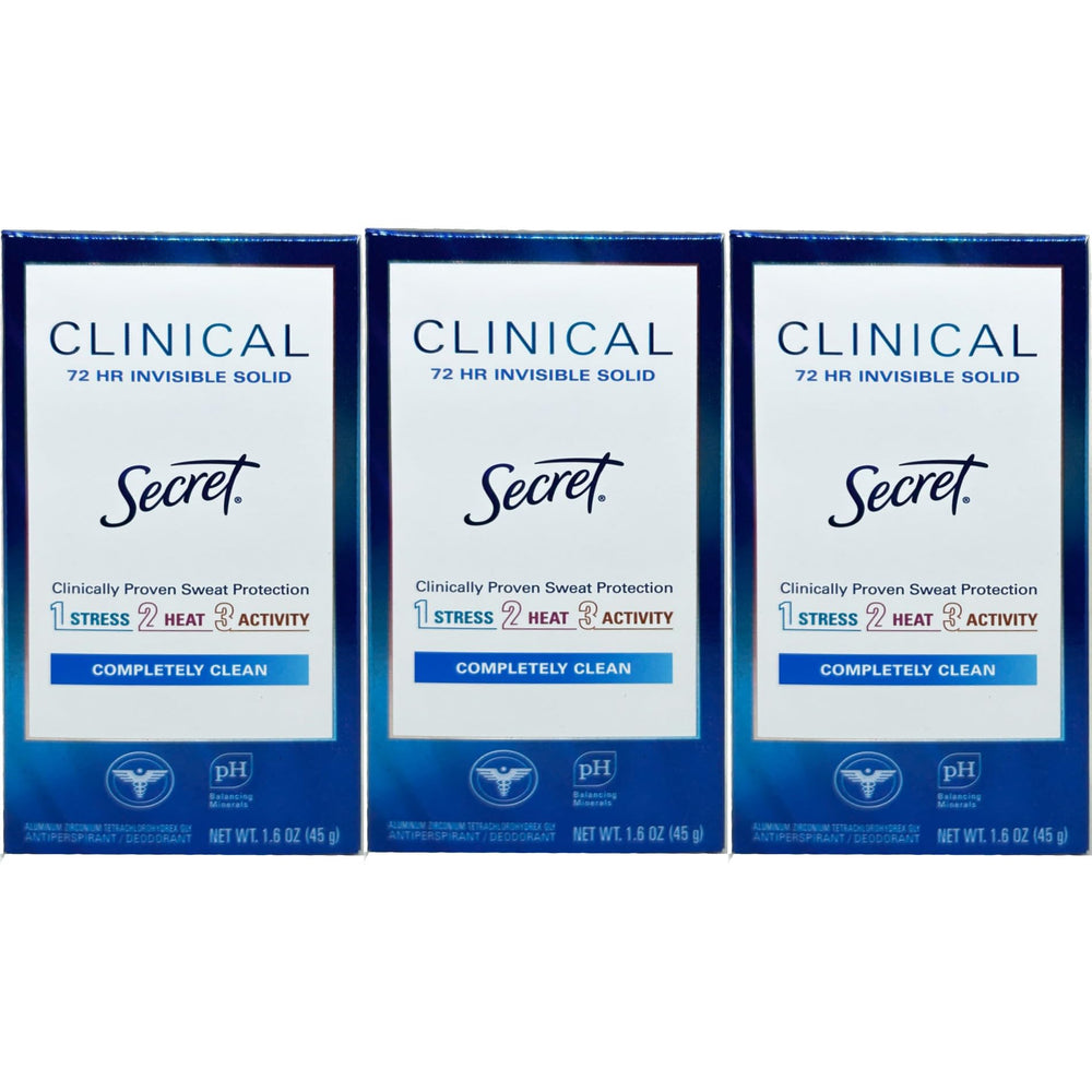 Secret Clinical Strength invisible solid deodorant 3-pack on shelf for long-lasting protection.