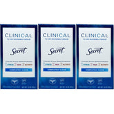 Secret Clinical Strength invisible solid deodorant 3-pack on shelf for long-lasting protection.