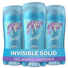Secret Lavanda desodorante invisible sólido 2,6 oz, paquete de tres para uso diario.