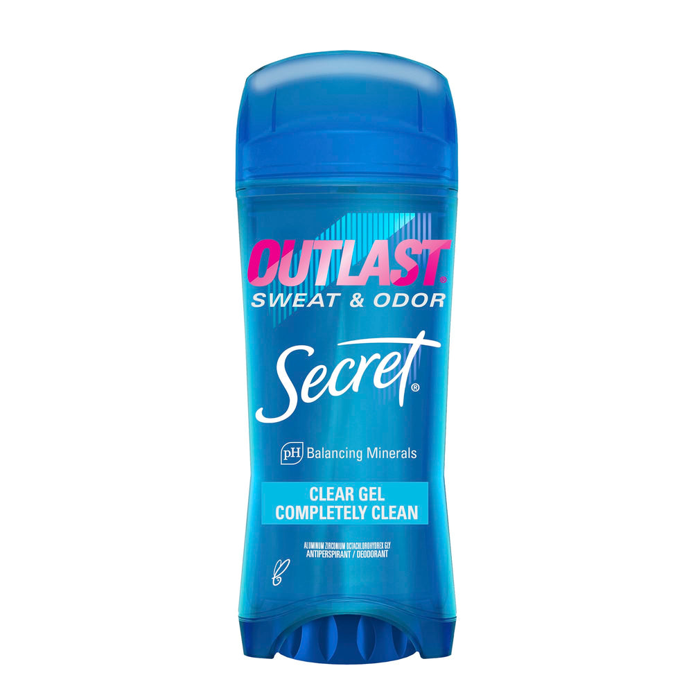 Secret Outlast bottle with clear gel offering long-lasting protection without staining clothing.