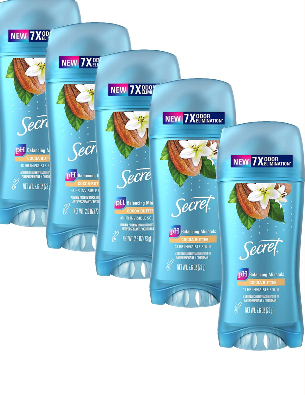 Secret Scent Expressions invisible solid coco butter 5-pack packaging, travel-friendly deodorant.