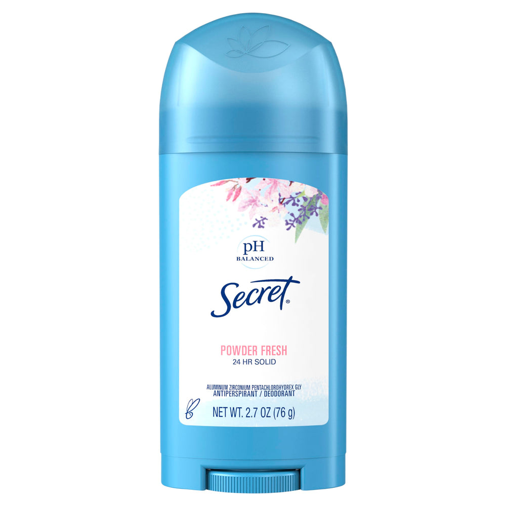 Secret Wide Solid Powder Fresh bottle offers all-day freshness and protection.