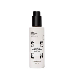 SEEN Leave-In Conditioner bottle with pump, highlighting lightweight hydration and heat protection.
